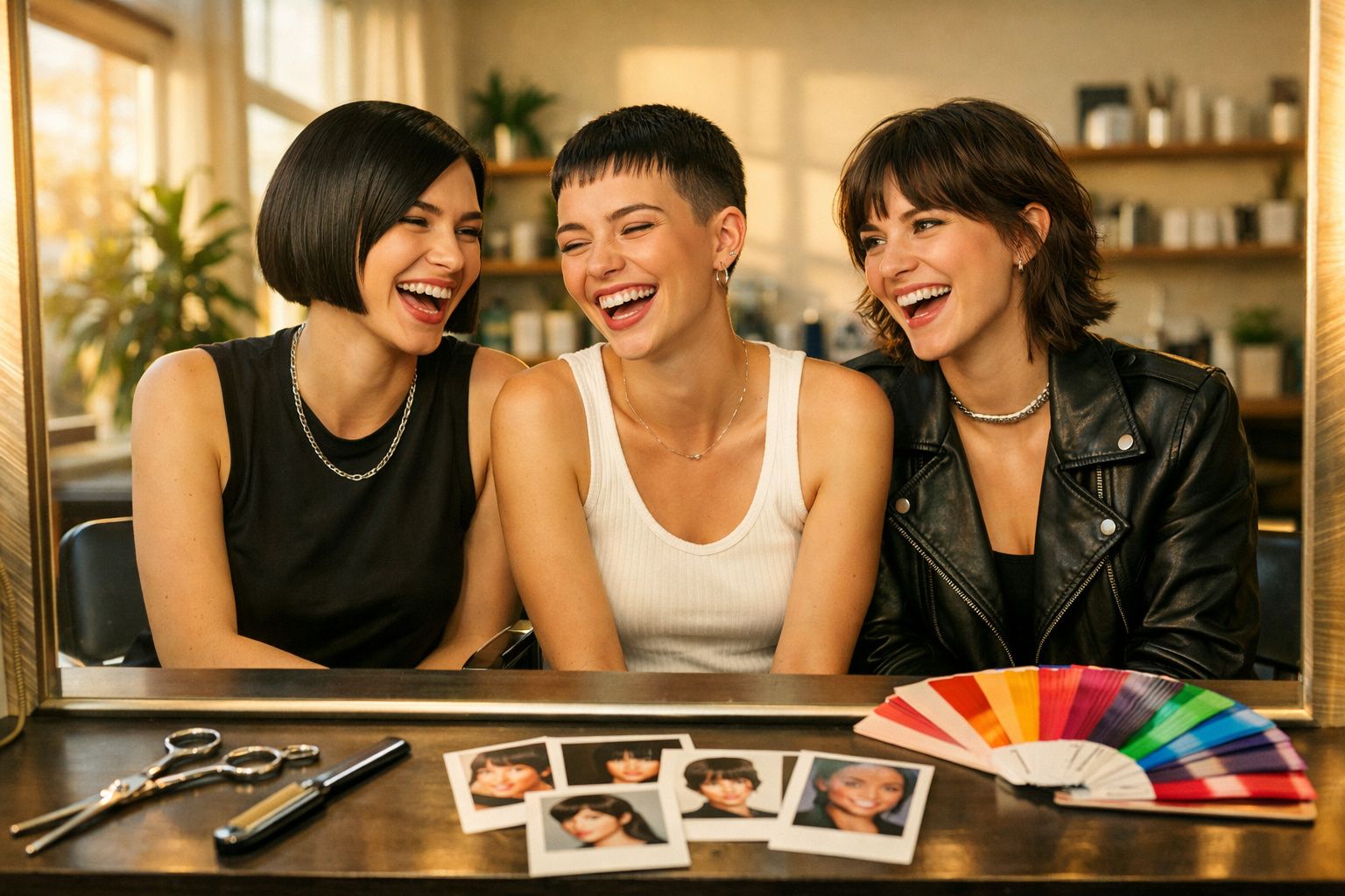 Três mulheres sorrindo sentadas em frente a um espelho com fotos e uma paleta de cores.