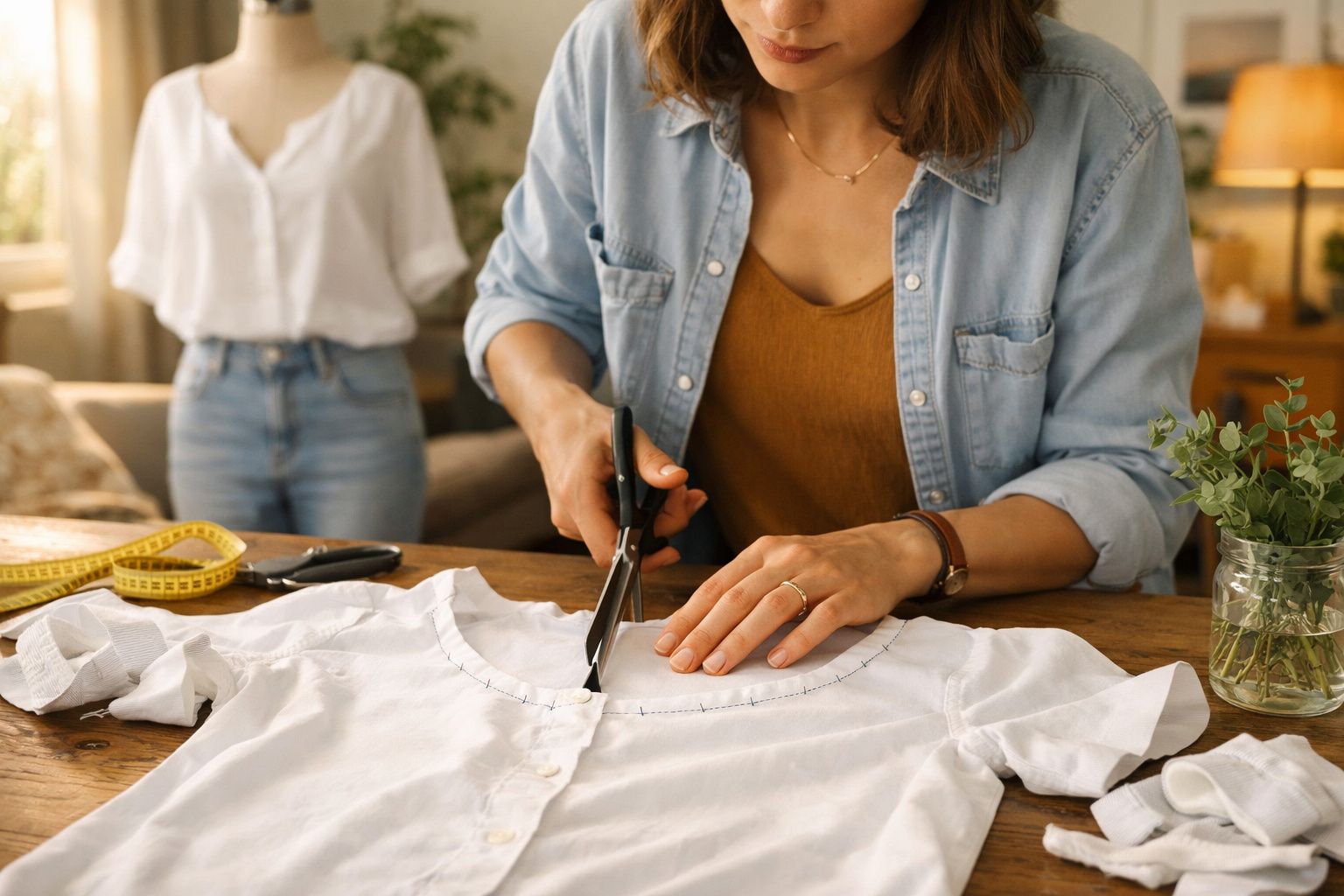 Mulher cortando gola de camisa branca com tesoura em mesa de madeira, medidora ao lado.