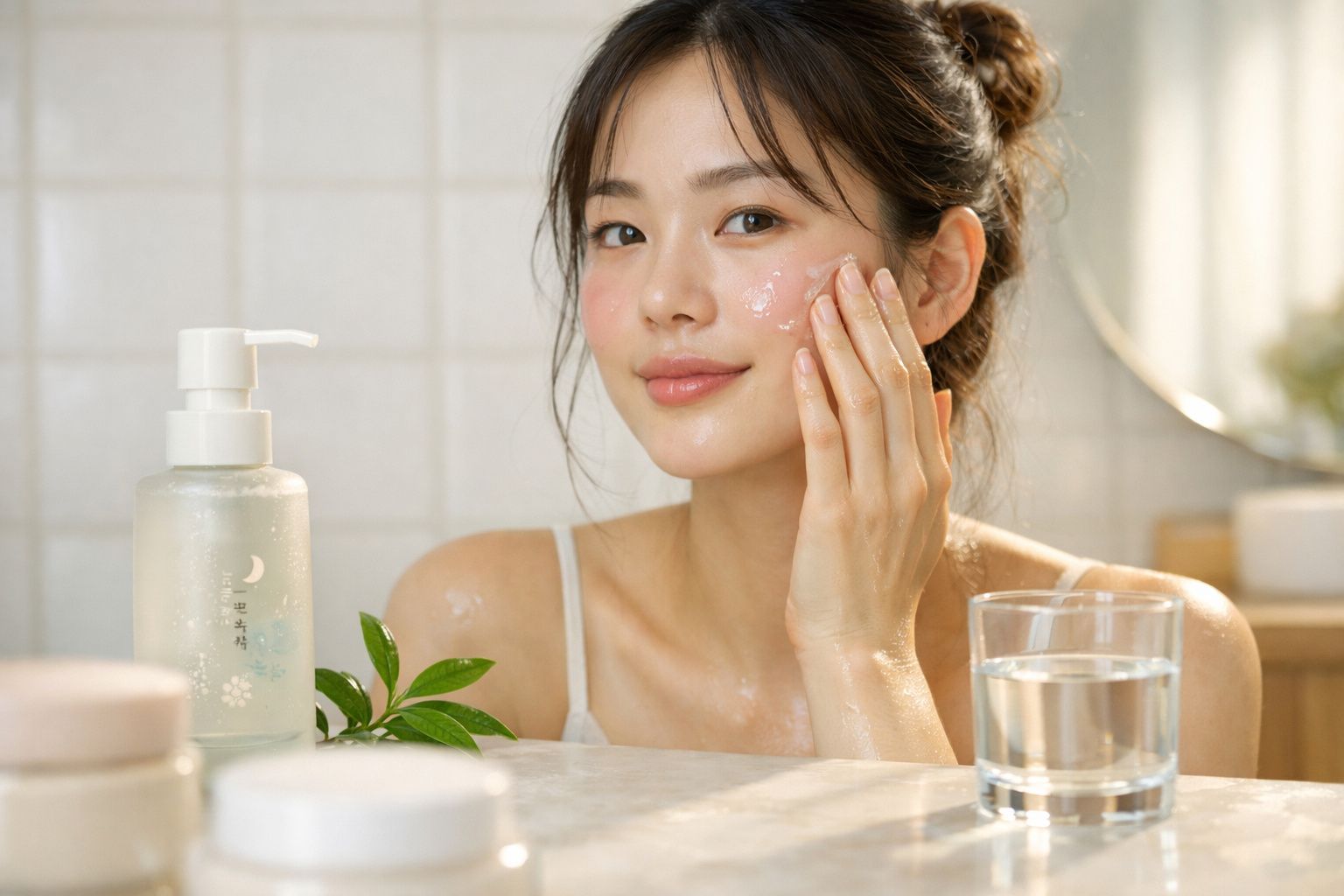 Mulher aplicando creme facial, sentada em ambiente iluminado com frascos de produtos de cuidado da pele.