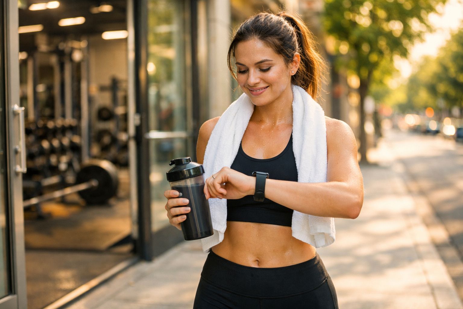 Mulher com toalha no pescoço, segurando garrafa de água e olhando relógio fitness após treino.
