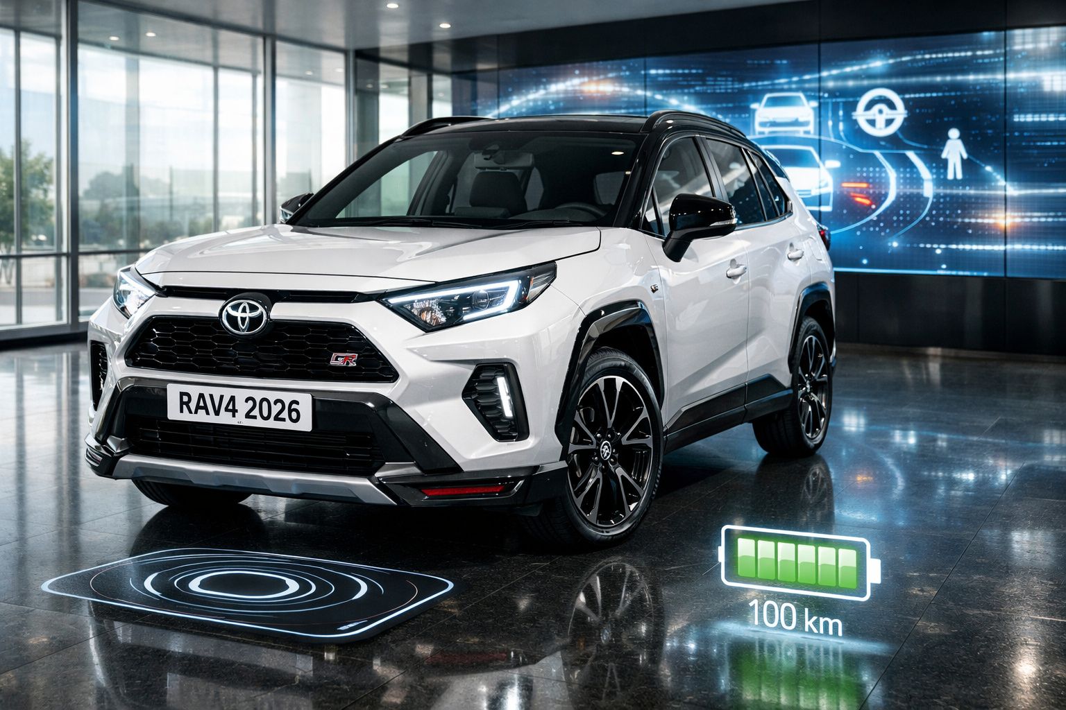Carro Toyota RAV4 2026 branco em showroom com indicação de autonomia de 100 km e gráficos digitais ao redor.