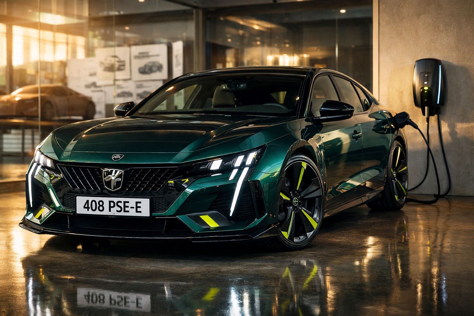 Carro elétrico verde escuro modelo esportivo carregando em estação interna moderna à noite.