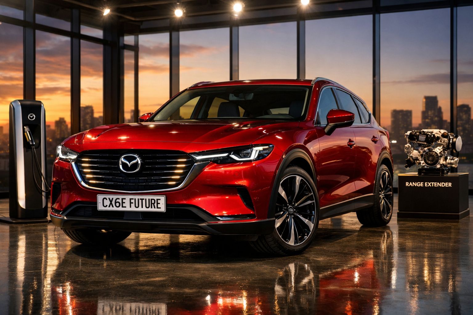 Carro vermelho Mazda CX-6E Future em showroom com estação de recarga elétrica e motor Range Extender.