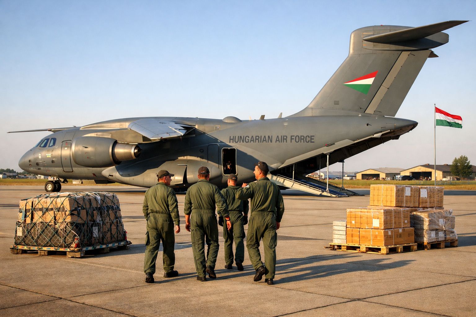 Quatro militares caminham próximo a um avião de carga da Força Aérea Húngara com caixas no carregamento.