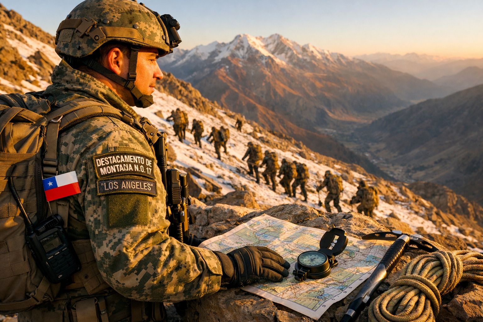 Militar com uniforme camuflado consultando mapa e bússola em área montanhosa com tropas ao fundo.