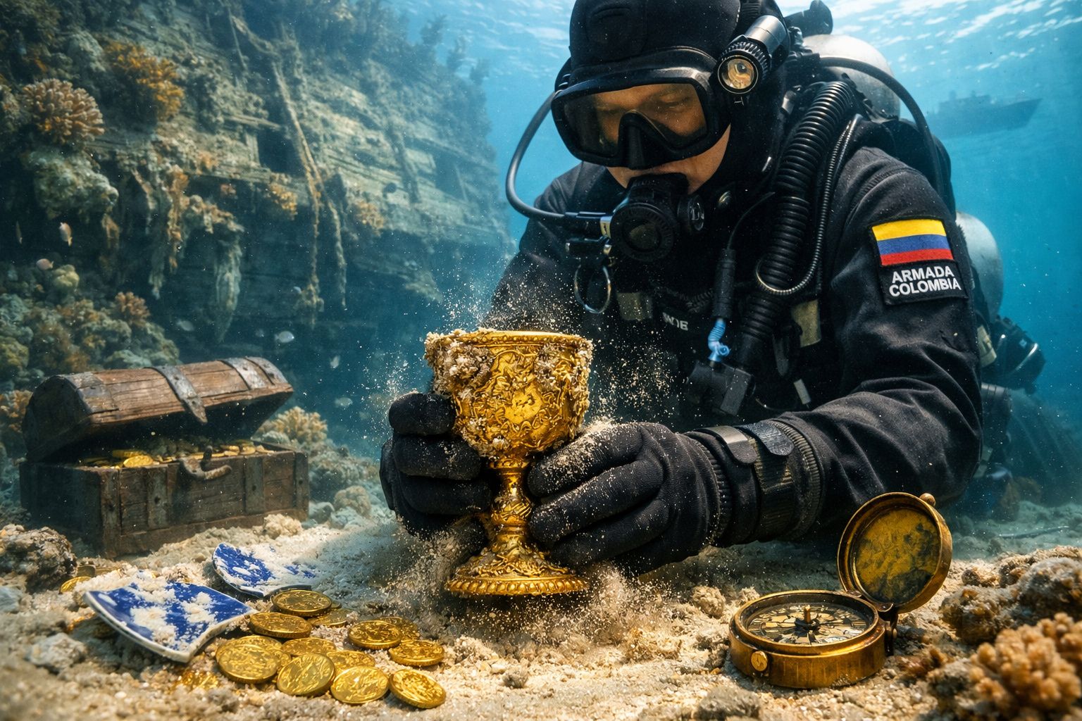 Mergulhador da Armada da Colômbia recupera um cálice dourado de um tesouro submerso com moedas e bússola.