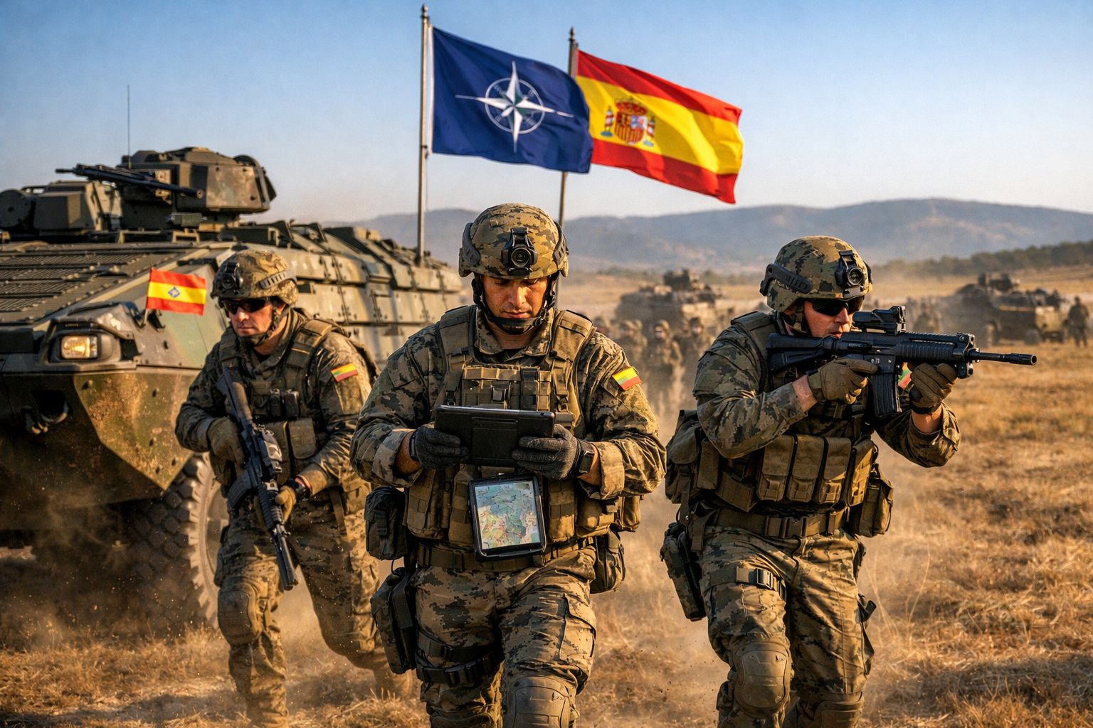 Três soldados espanhóis em exercício militar com veículos blindados, bandeiras da Espanha e da OTAN ao fundo.