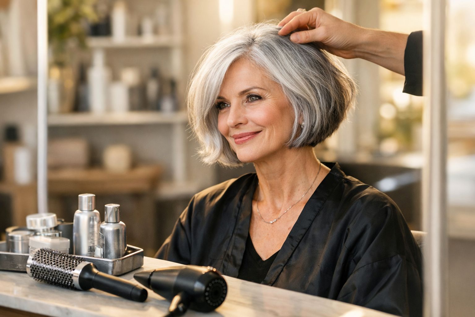 Mulher de cabelos grisalhos sendo penteada em salão de beleza, com produtos e secador na frente.