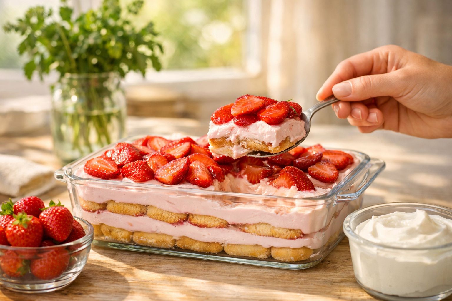 Mão segurando colher com pedaço de sobremesa cremosa de morango em refratário de vidro sobre mesa.