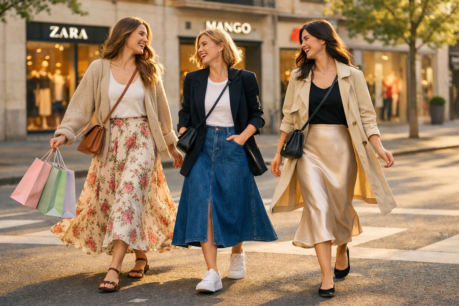 Três mulheres sorrindo e caminhando com sacolas de compras em rua comercial ao entardecer.