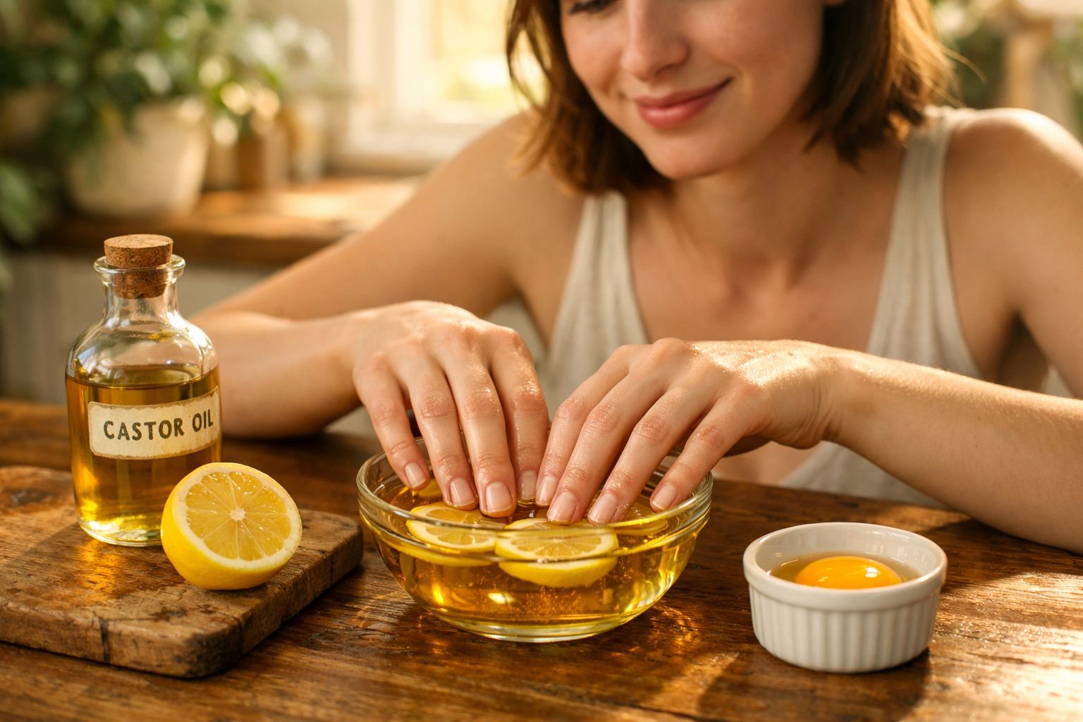 Mulher mergulhando as mãos em tigela com óleo, rodelas de limão, óleo de rícino e gema de ovo na mesa.