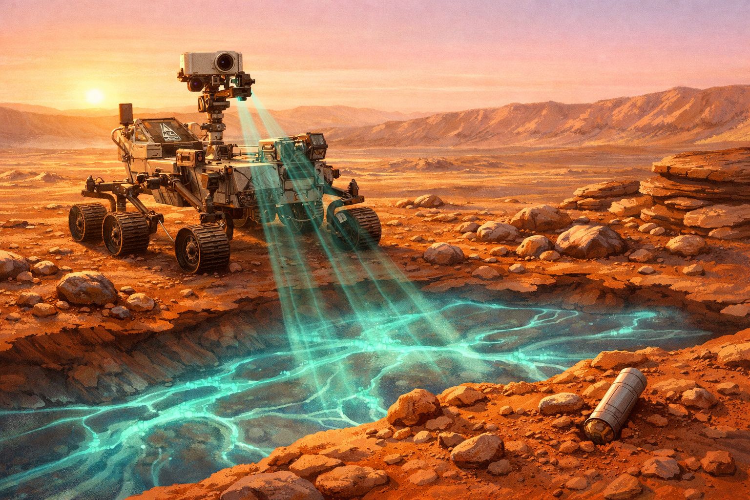 Rover explorando solo marciano com raios azuis luminosos em paisagem desértica ao pôr do sol.