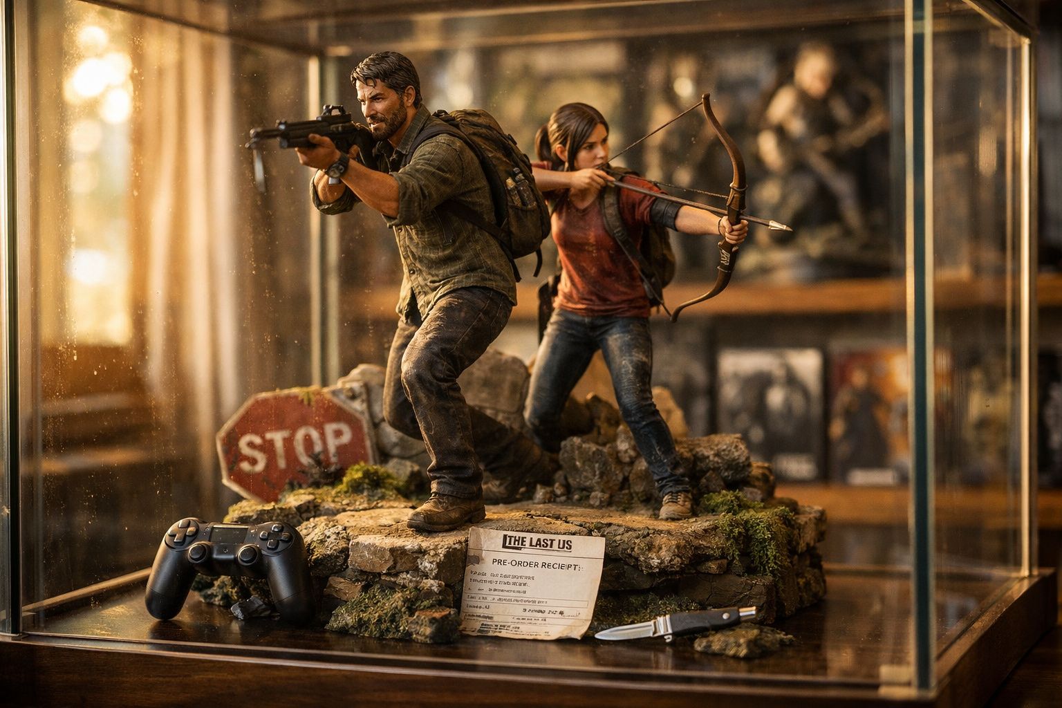 Estátua detalhada dos personagens de The Last of Us com armas, cenário pós-apocalíptico e controle de videogame.