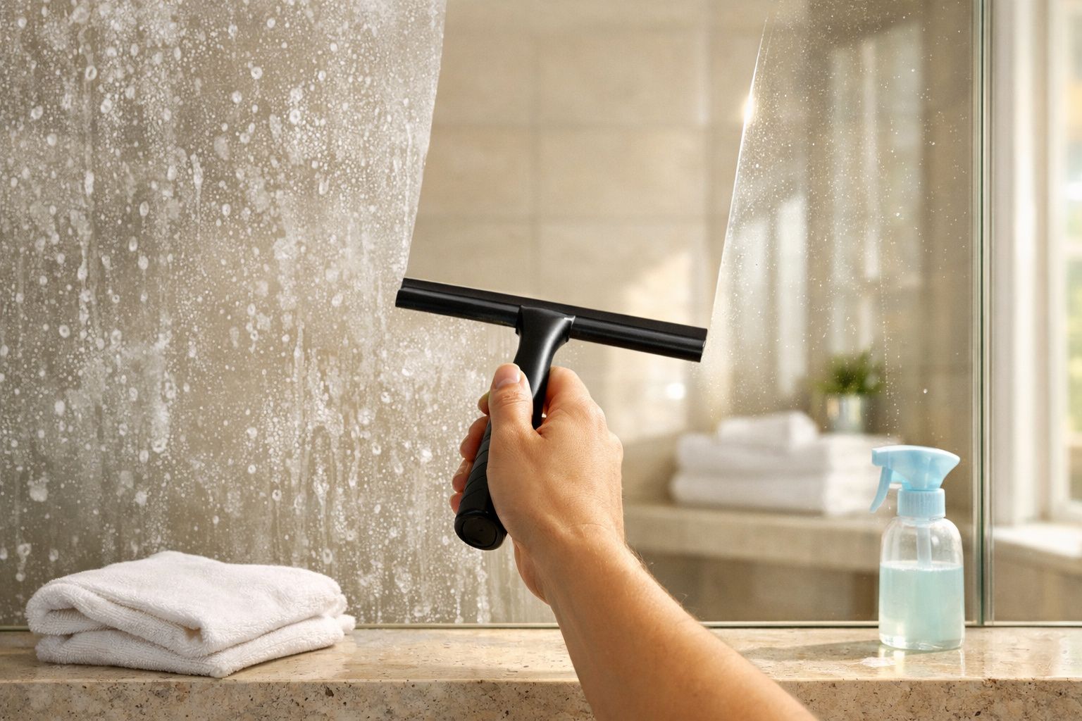 Pessoa limpando um espelho embaçado com um limpador de vidro e um rodo preto.