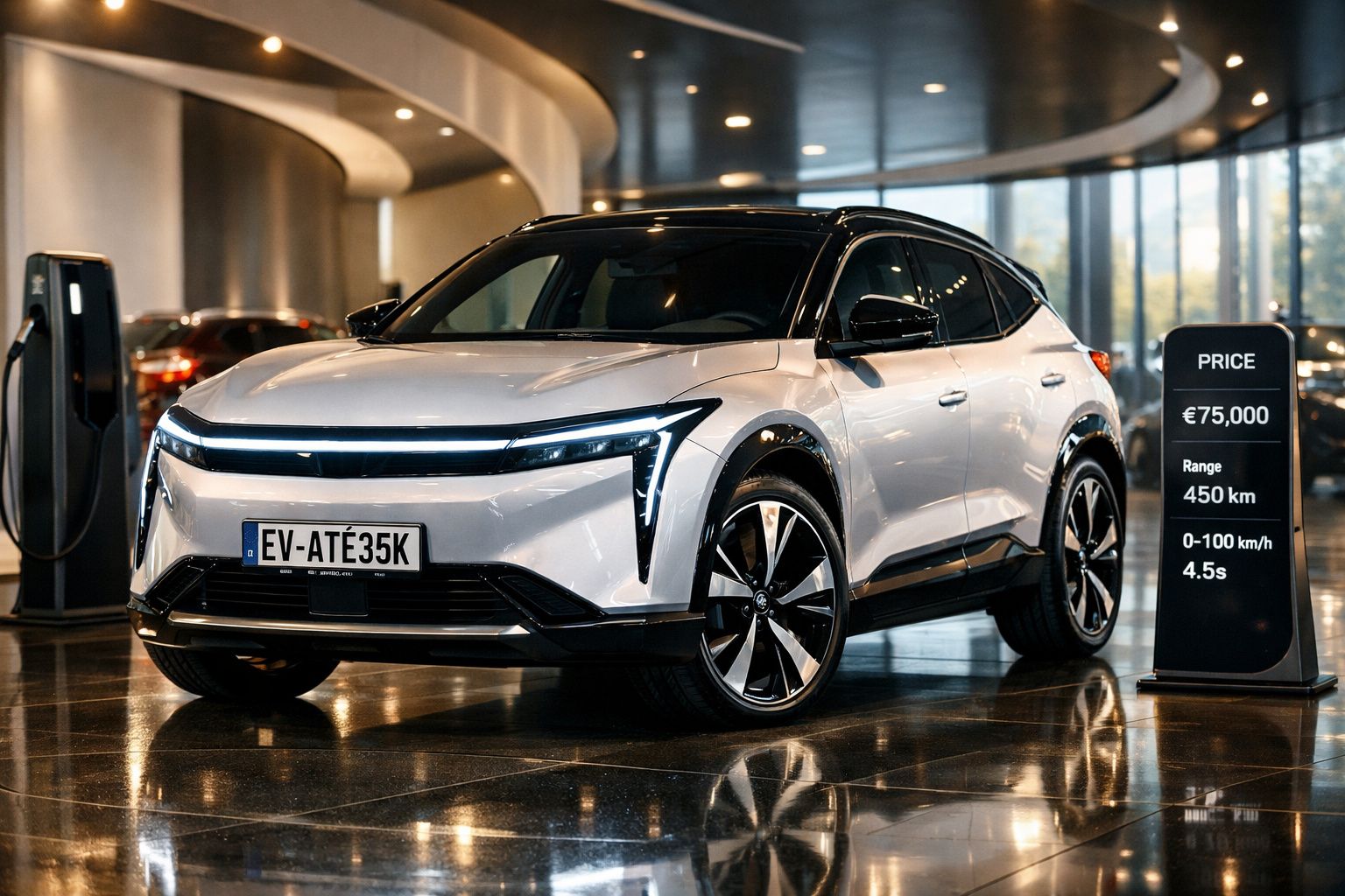 Carro elétrico branco exibido em showroom com painel de informações ao lado indicando preço, alcance e aceleração.