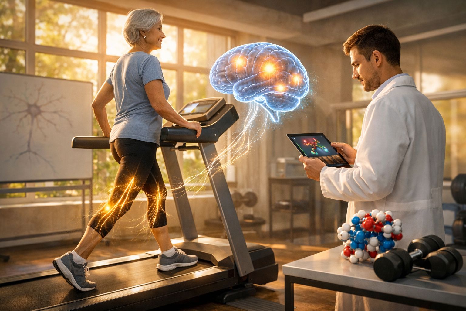 Mulher idosa caminhando na esteira com médico analisando atividade cerebral em tablet em ambiente clínico.