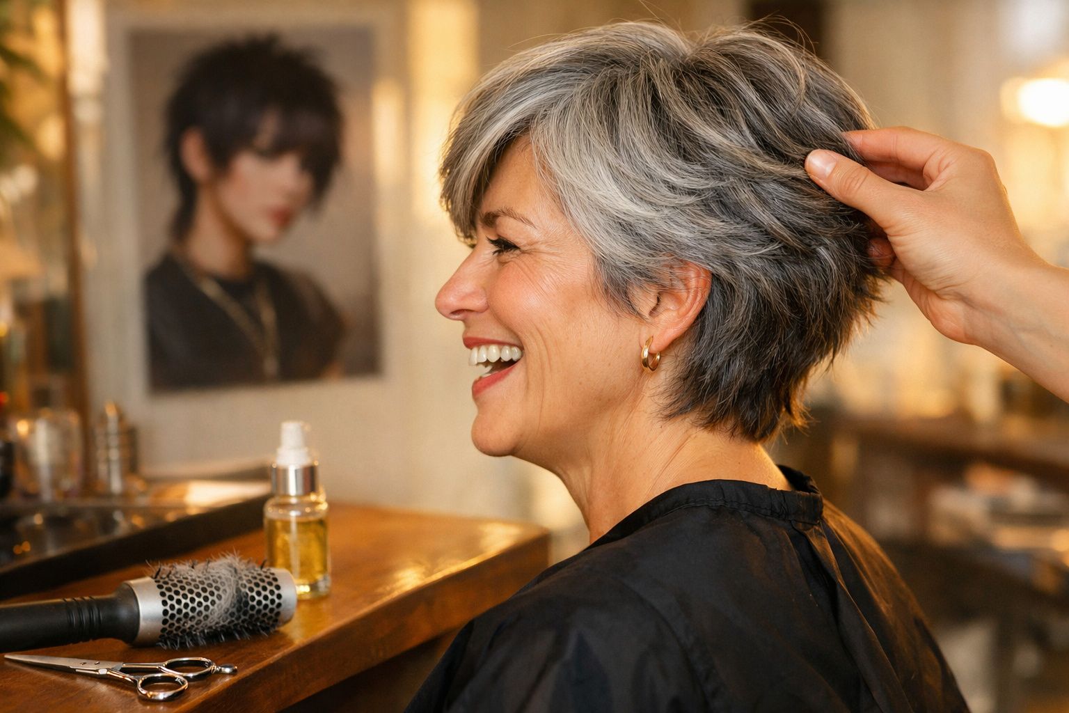 Mulher sorrindo enquanto cabeleireiro arruma seu cabelo grisalho curto em salão de beleza.
