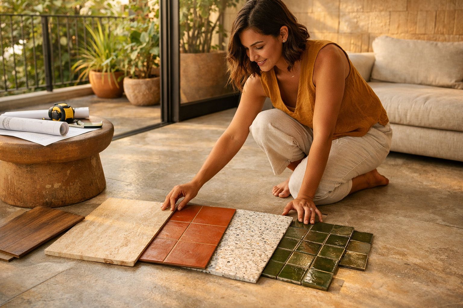 Mulher escolhendo revestimentos para piso em apartamento com plantas e sofá ao fundo.