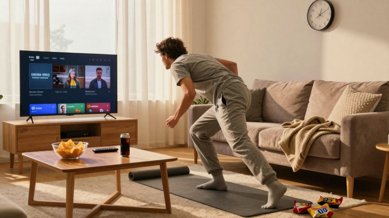 Jovem faz exercícios em tapete na sala com televisão, sofá, mesa com salgadinho e relógio na parede.