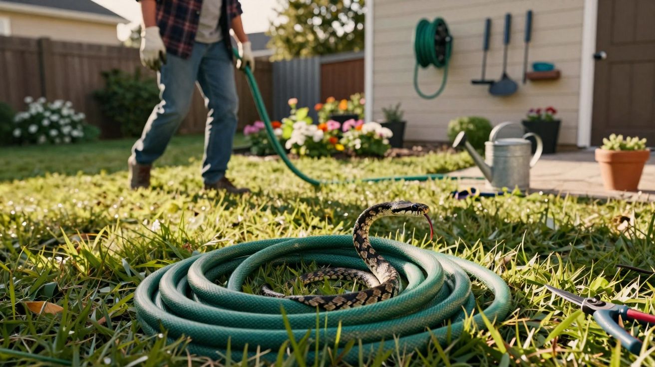 Cobra enrolada em mangueira de jardim com pessoa ao fundo segurando outra mangueira.