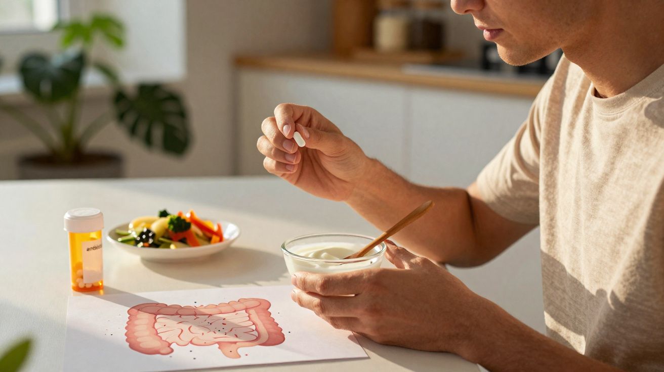 Homem tomando cápsula com iogurte, ao lado de prato de vegetais, frasco de remédio e imagem do intestino.