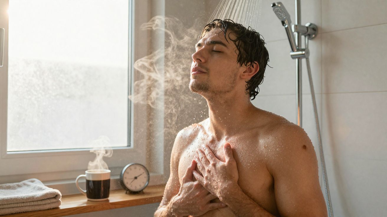 Homem tomando banho quente e respirando vapor com olhos fechados no banheiro iluminado pela janela.