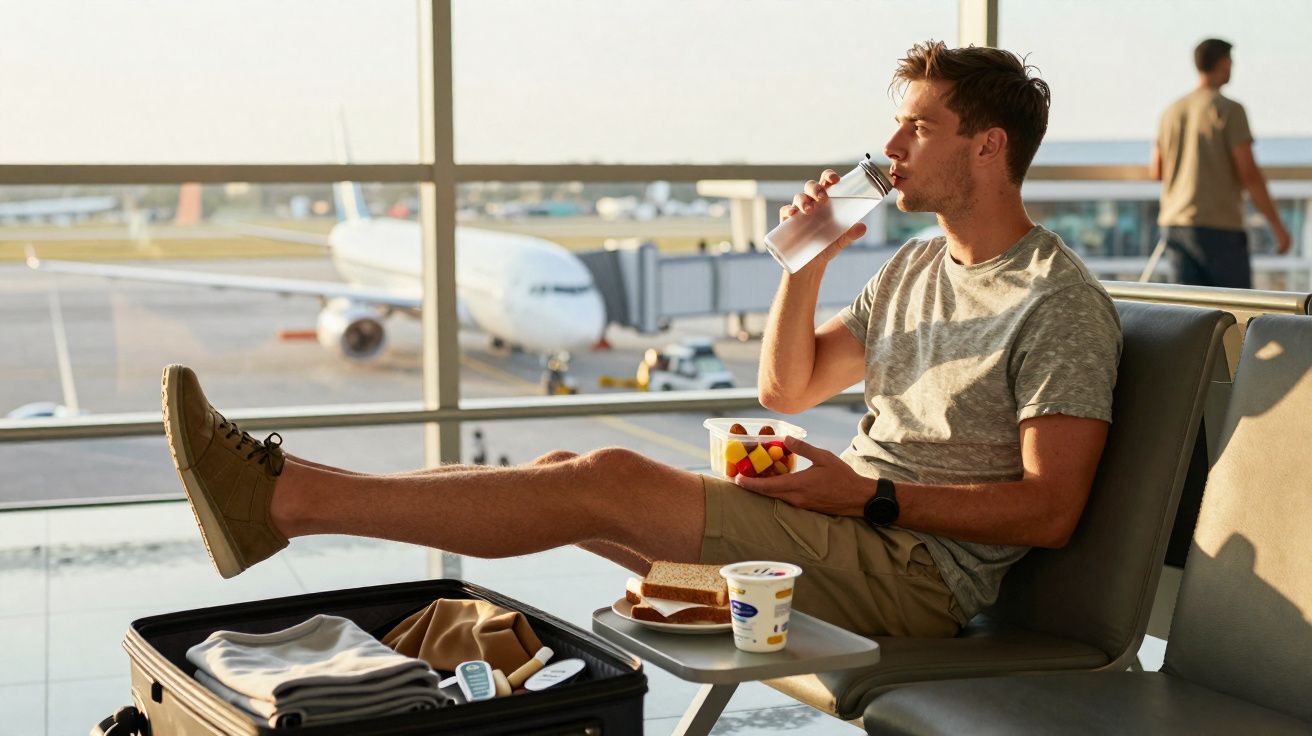 Homem sentado no aeroporto com pé sobre mala, bebendo água e segurando tigela de frutas.