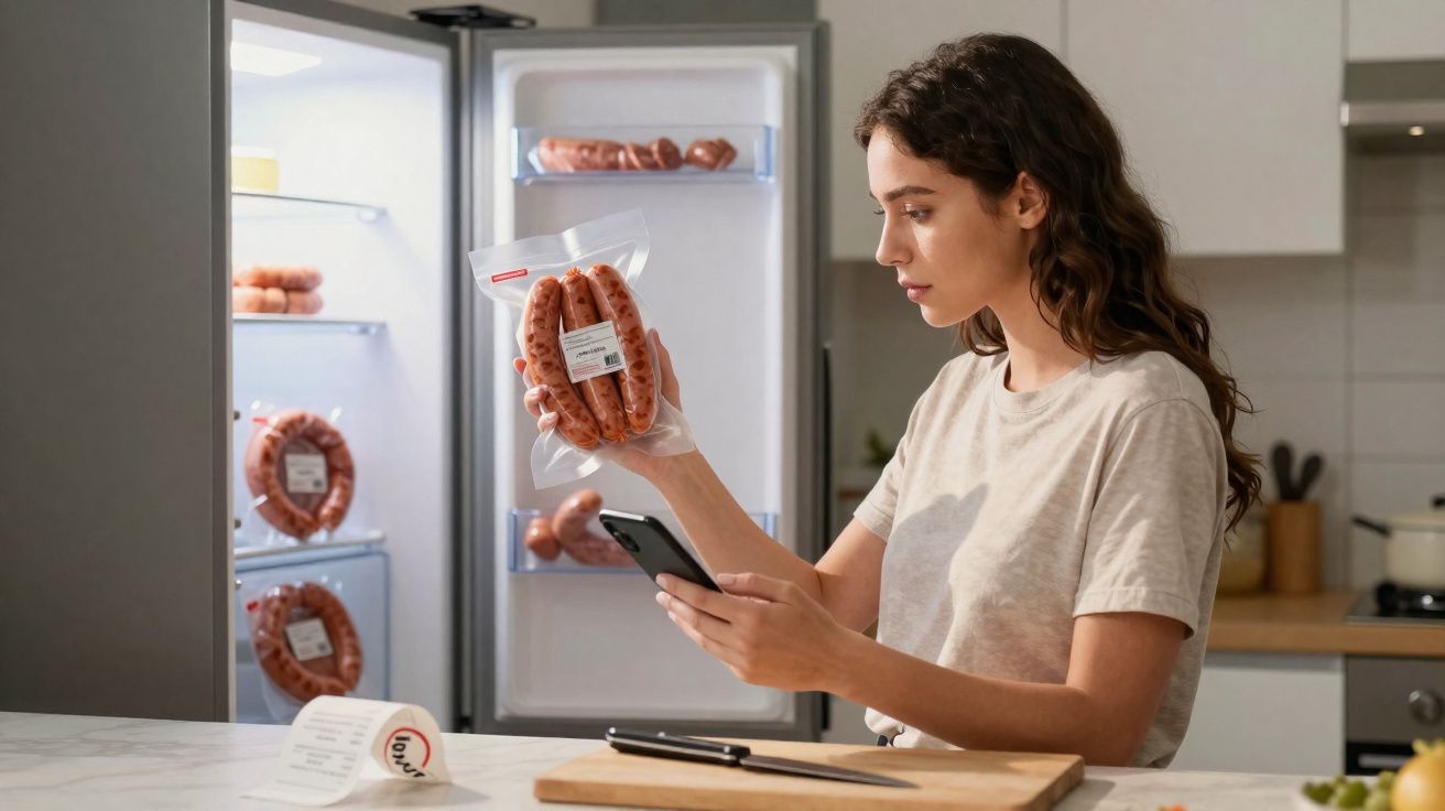 Mulher lendo embalagem de linguiça enquanto consulta celular na cozinha com geladeira aberta ao fundo.