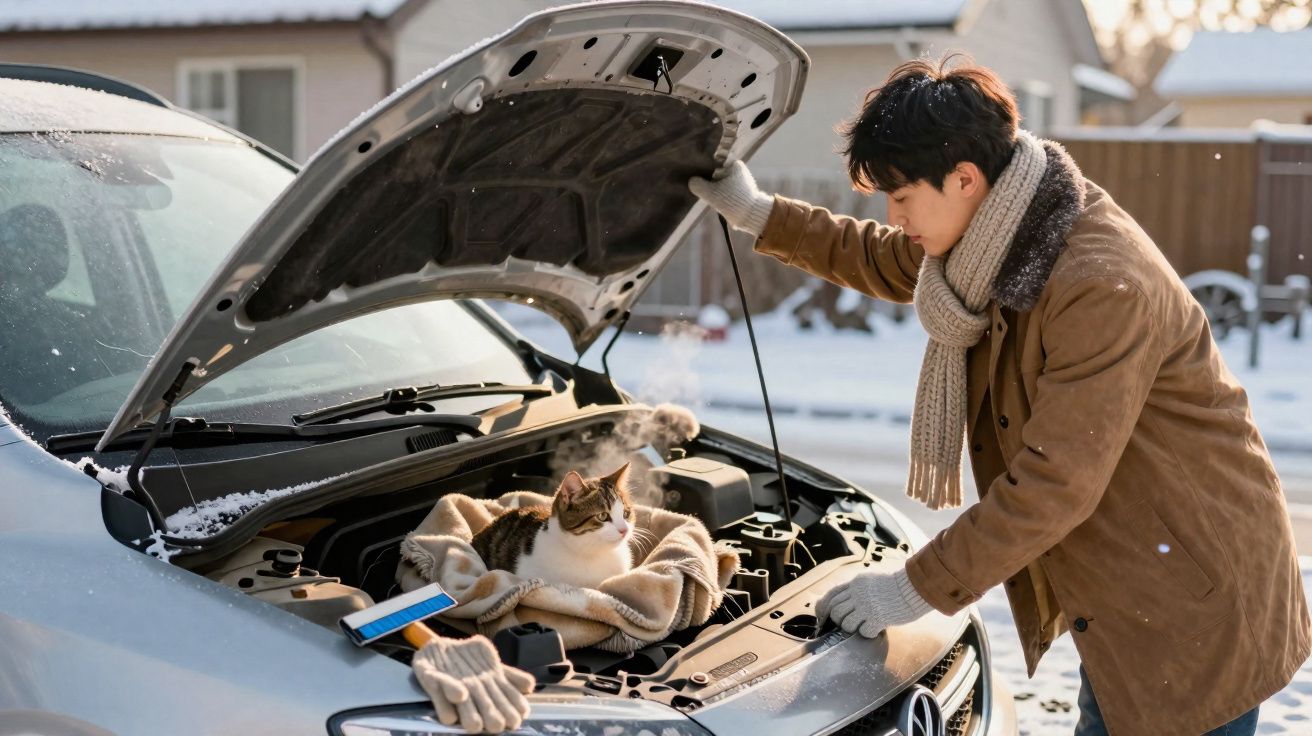 Homem abre capô do carro para aquecer gato sentado em cobertor no motor em dia frio com neve.