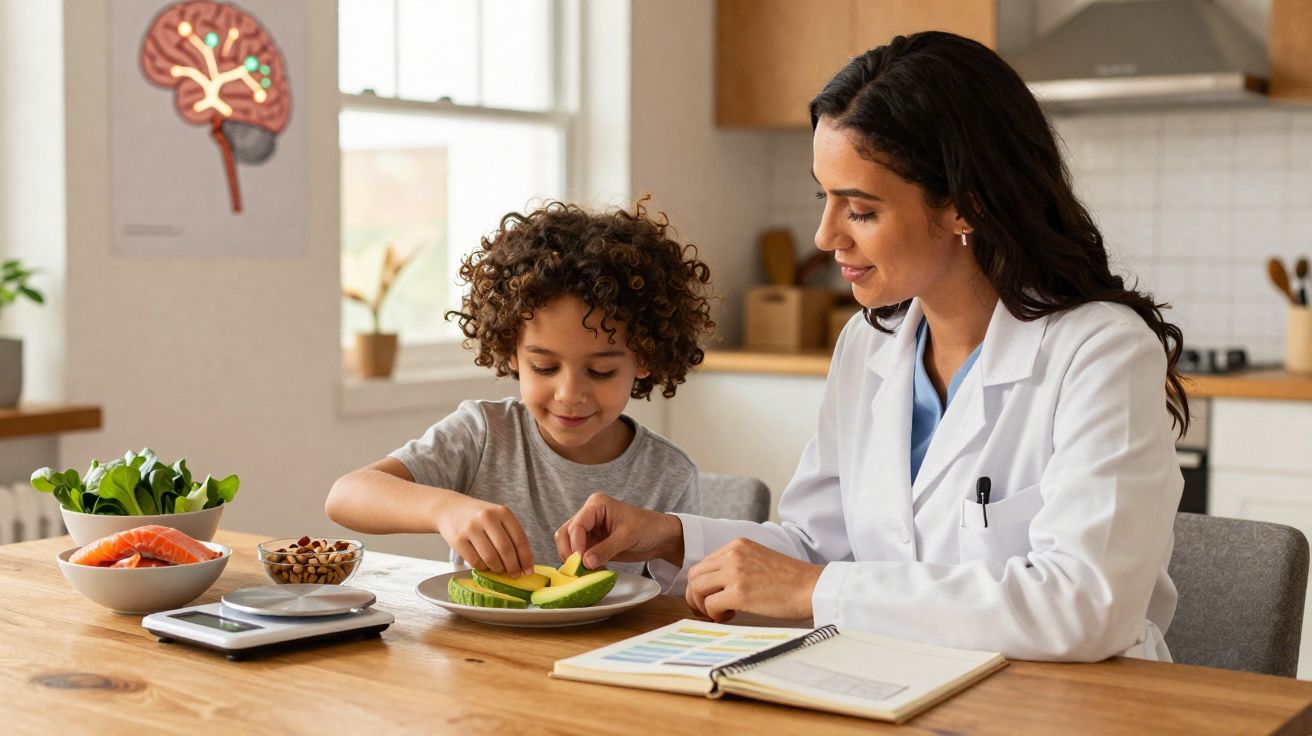 Nutricionista orientando criança a comer alimentos saudáveis em cozinha iluminada e acolhedora.