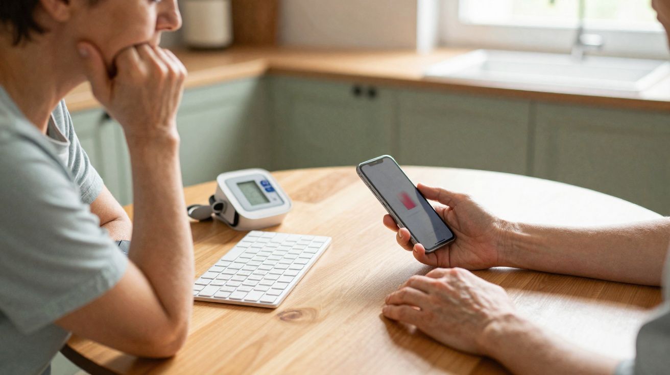 Duas pessoas sentadas à mesa com smartphone, monitor de pressão e teclado, em ambiente claro.