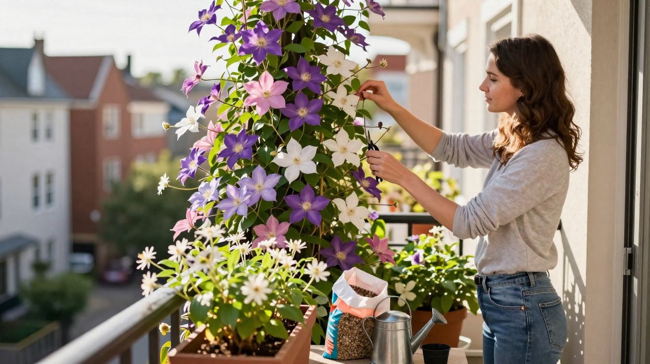 Mulher cuidando de flores coloridas em varanda ensolarada com regador e vaso de planta ao lado.