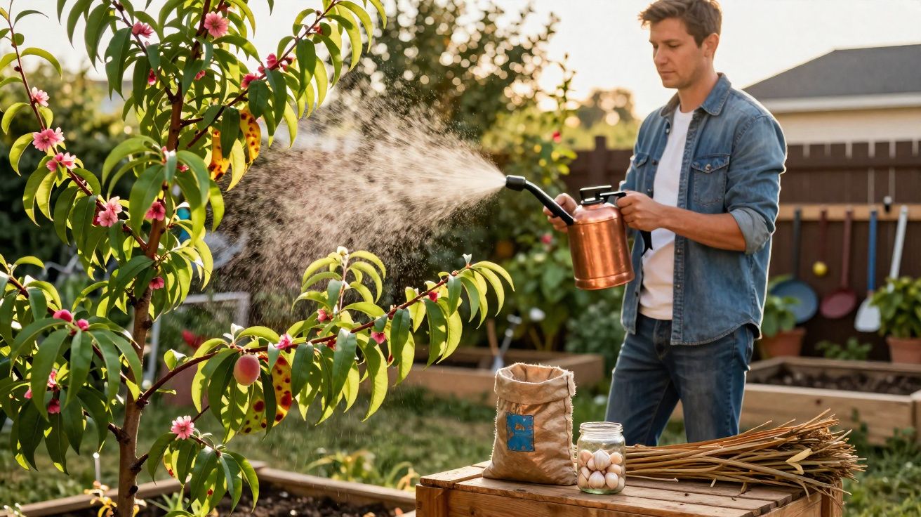 Homem regando árvore frutífera em jardim com regador de metal no fim da tarde.