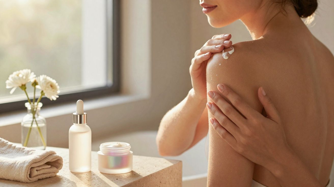 Mulher aplicando creme hidratante no ombro em ambiente iluminado com produtos de beleza ao lado.