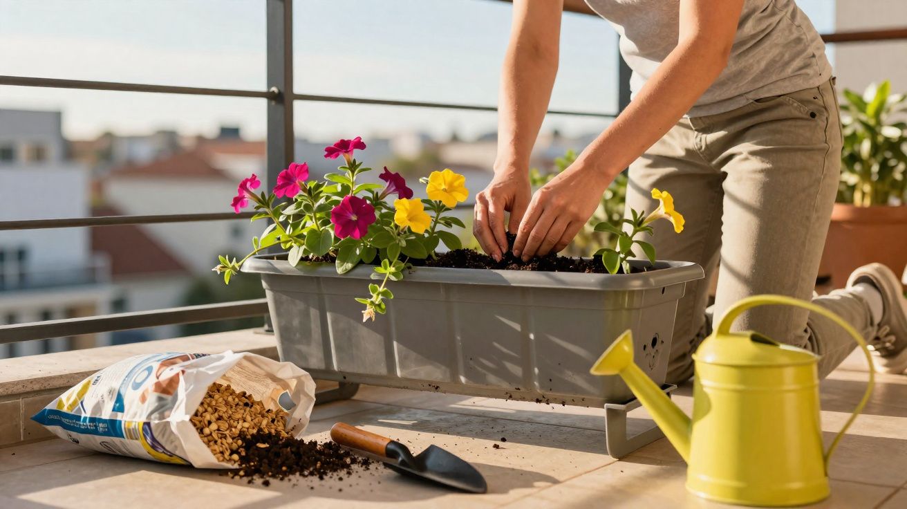 Pessoa plantando flores coloridas em vaso de jardim na varanda com regador amarelo ao lado.