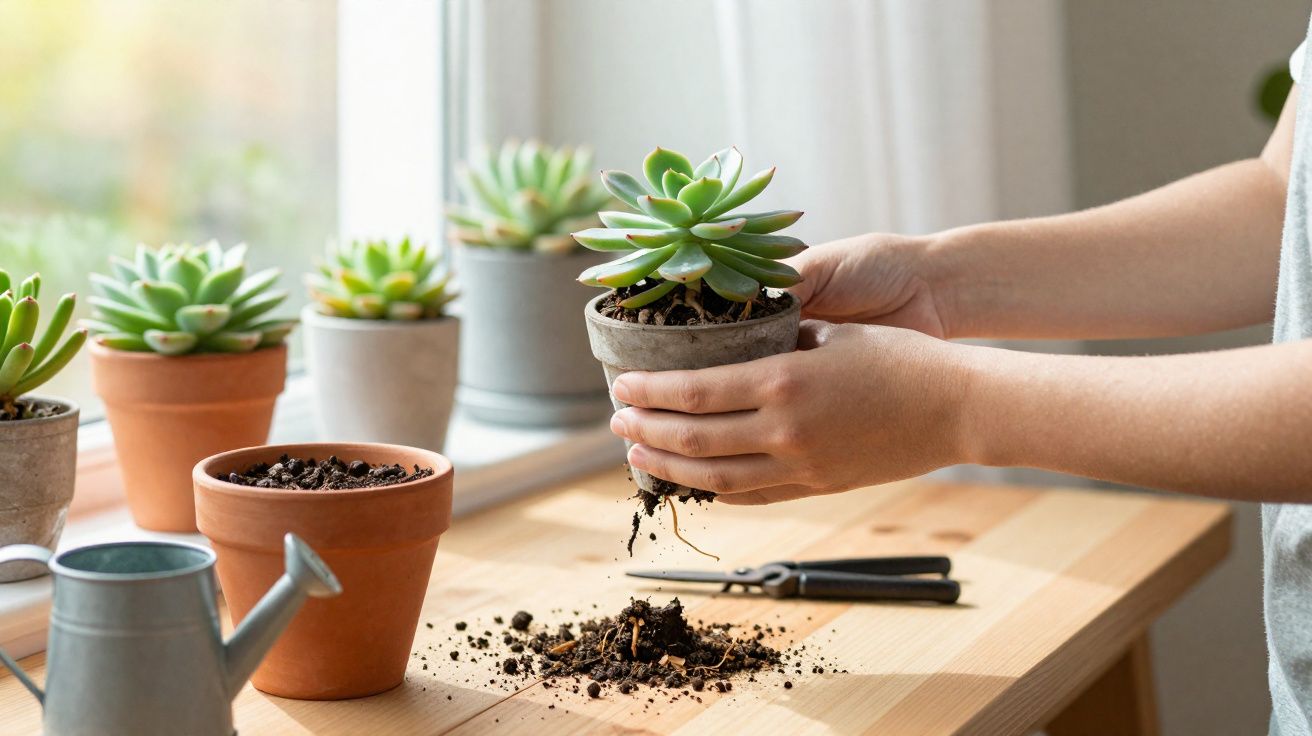 Pessoa transplantando suculenta em vaso pequeno sobre mesa próxima a janela com outros vasos e regador.