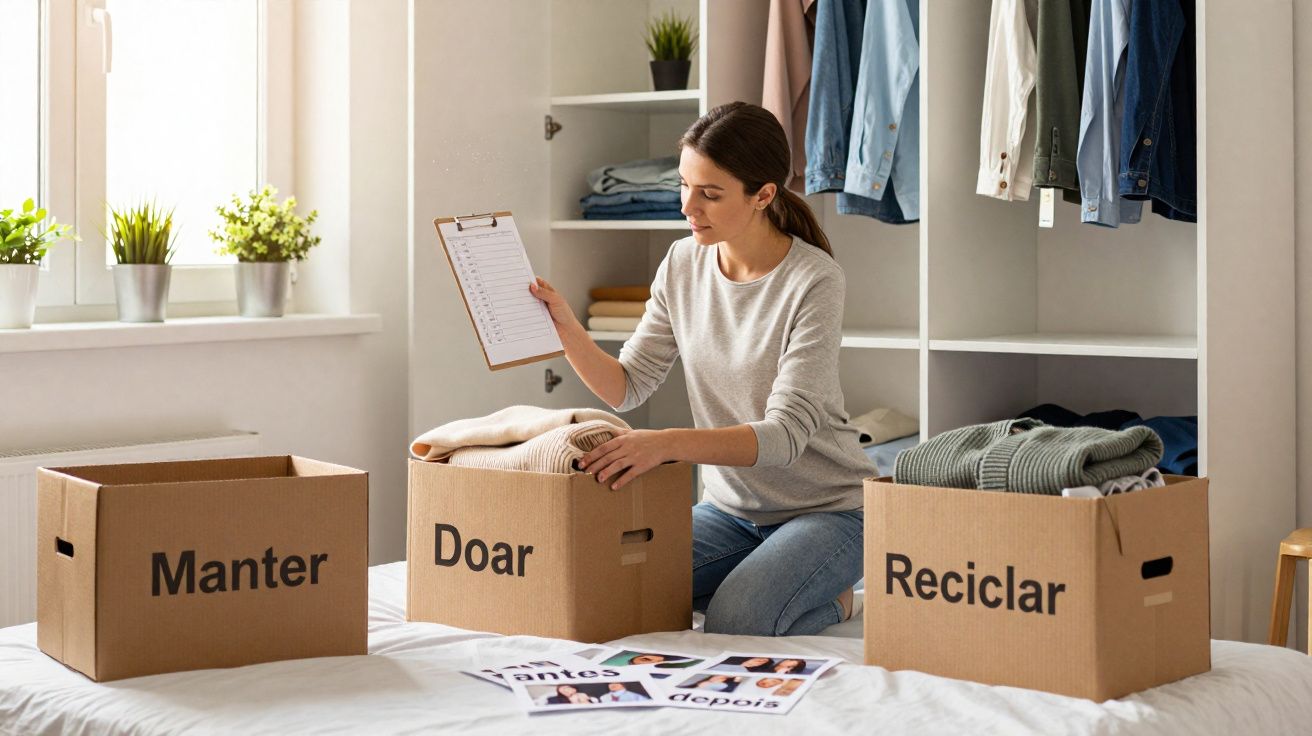 Mulher organiza roupas em caixas de papelão etiquetadas para manter, doar e reciclar em quarto iluminado.