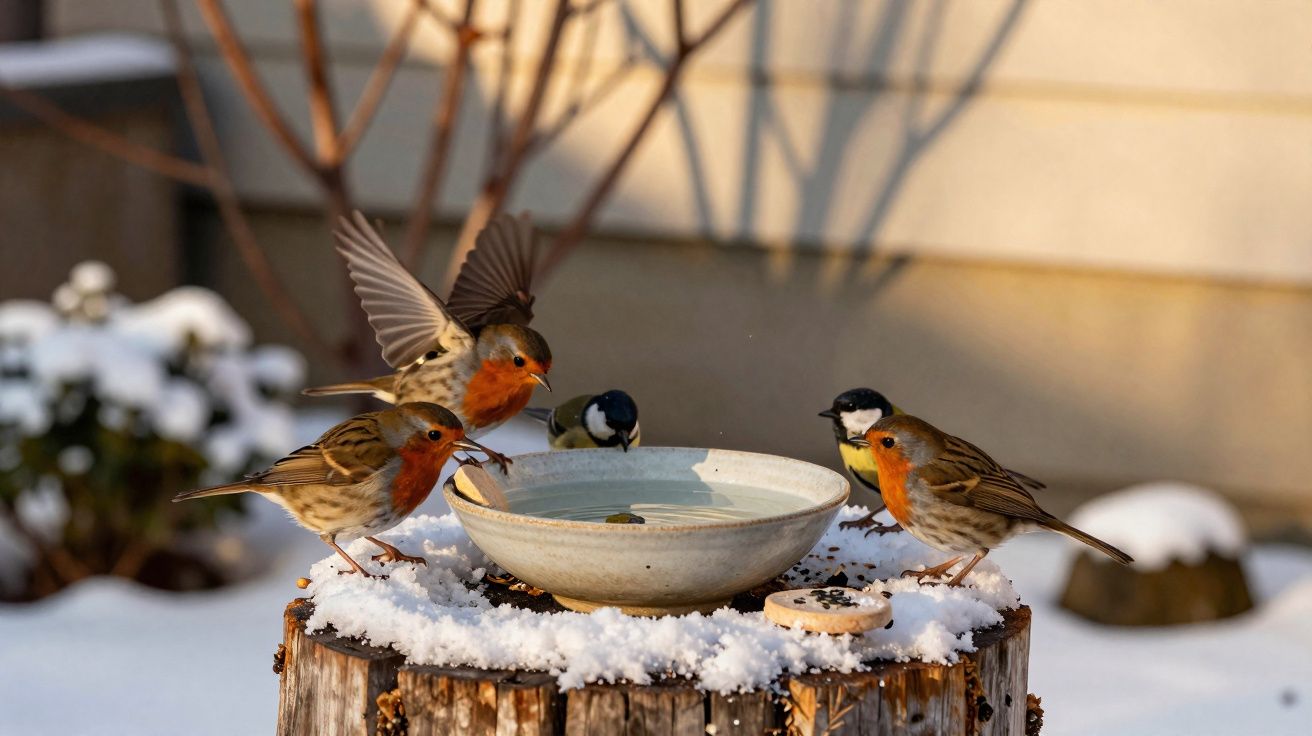 Pássaros alimentando-se em tigela sobre toco com neve em ambiente ensolarado.