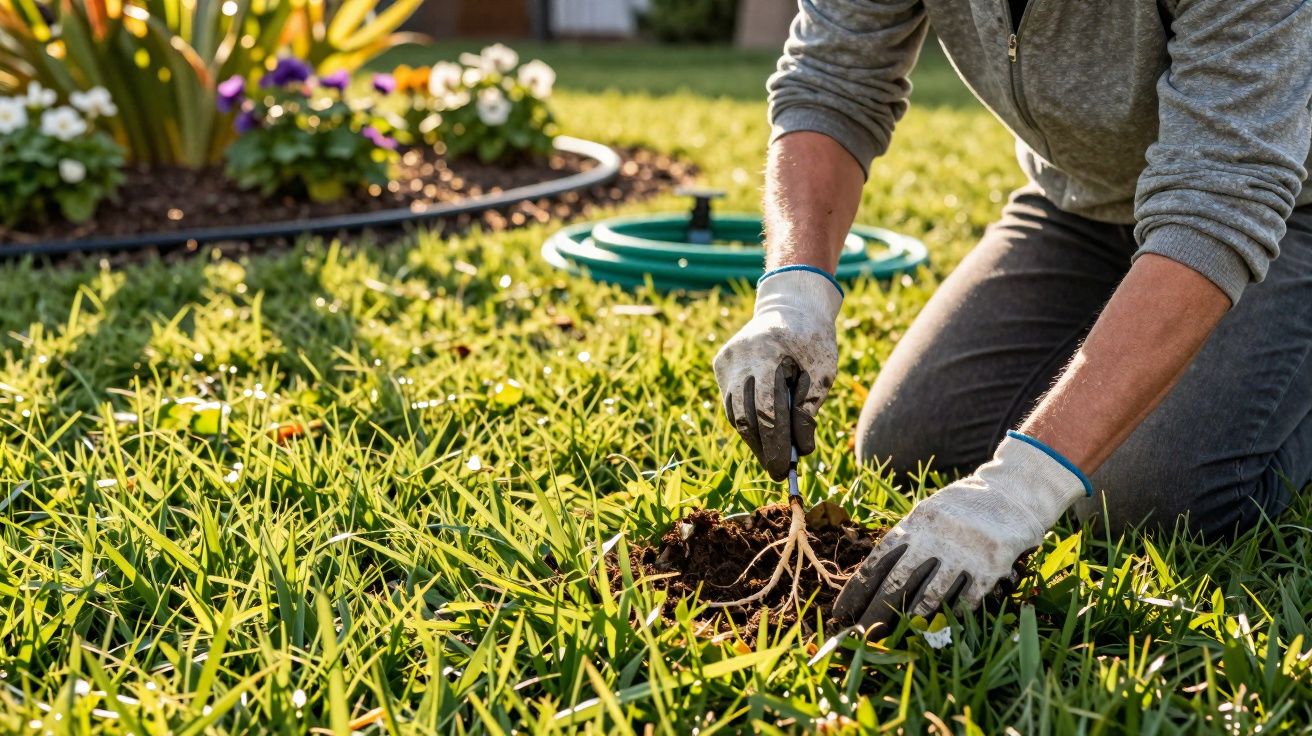 Pessoa com luvas cavando a terra em gramado para plantar muda de planta em jardim ensolarado.