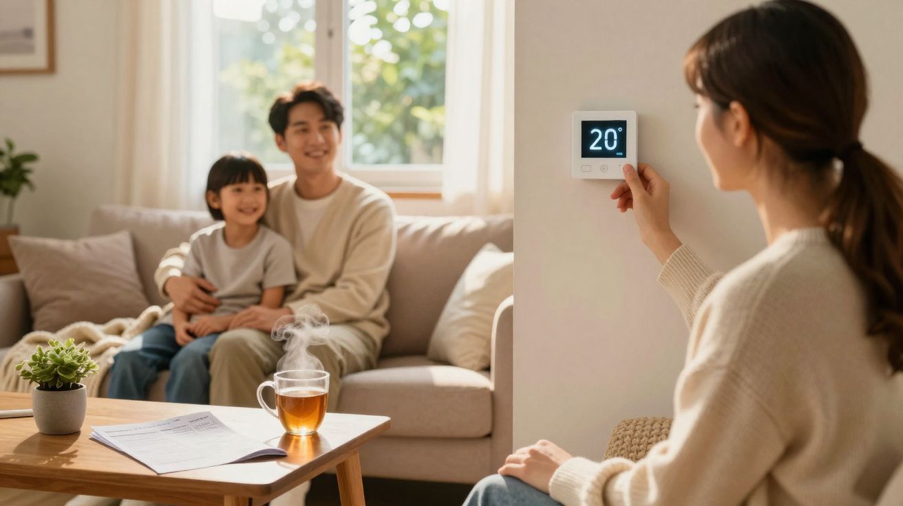 Mulher ajusta termostato digital enquanto homem e criança sorriem no sofá ao fundo.