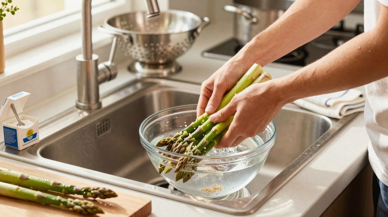 Pessoa lavando aspargos verdes em uma tigela de vidro na pia da cozinha.