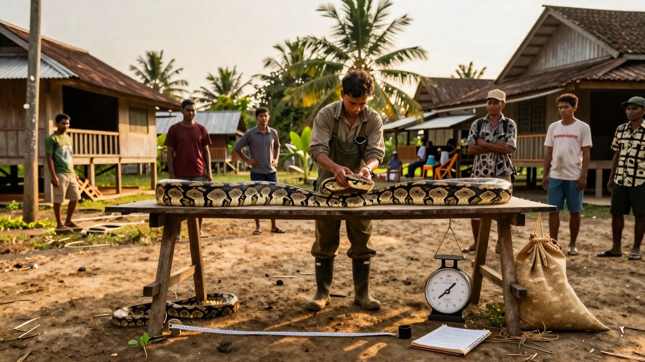 Homem manuseia uma grande jiboia sobre mesa de madeira enquanto outras pessoas observam em área rural.
