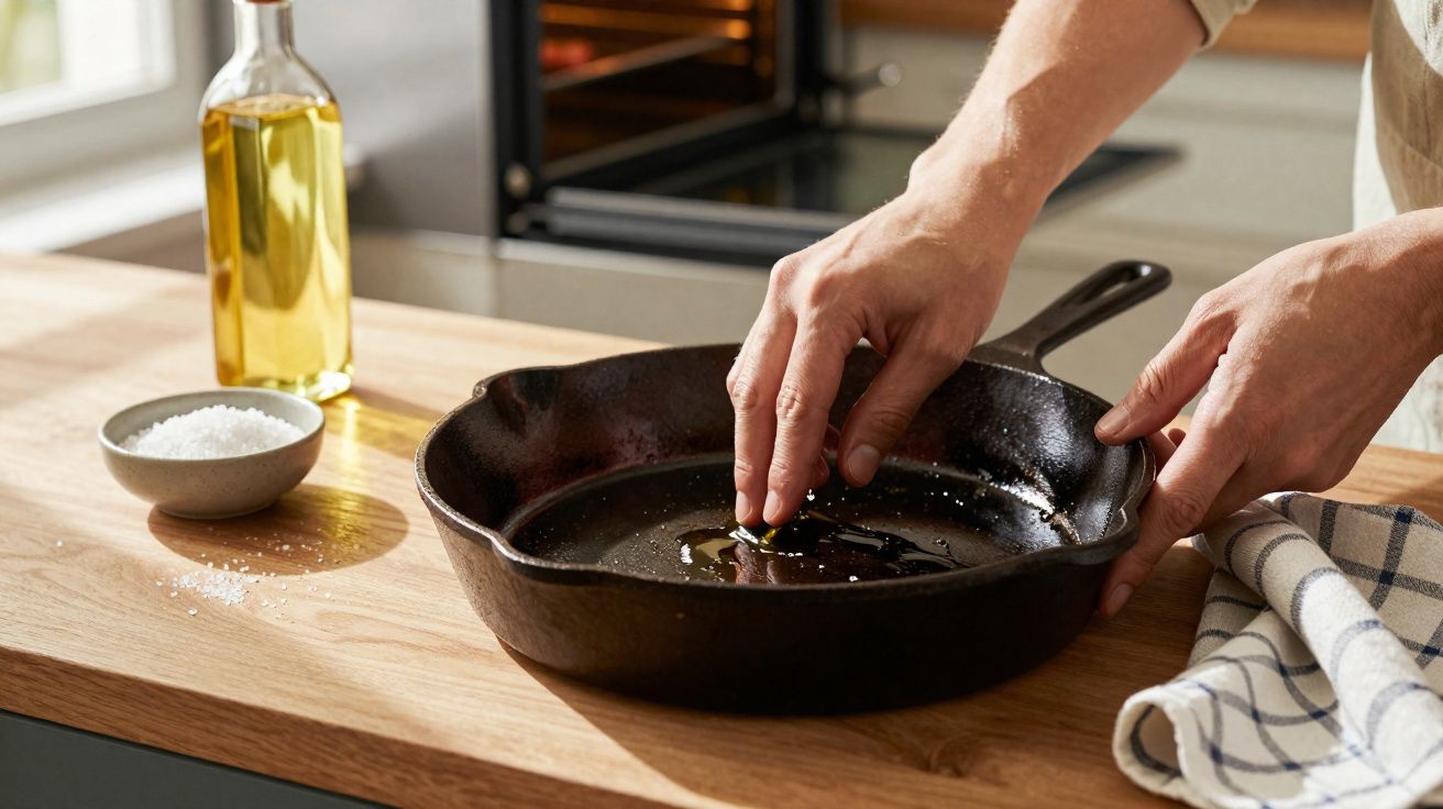 Mãos untando frigideira de ferro com azeite, sal e pano de prato em bancada de cozinha.