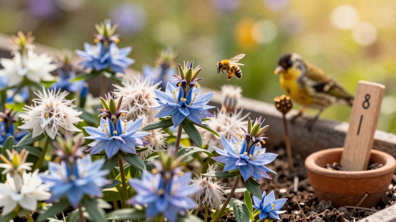 Flores azuis e brancas com abelha voando e pássaro posado em vaso no jardim ensolarado.