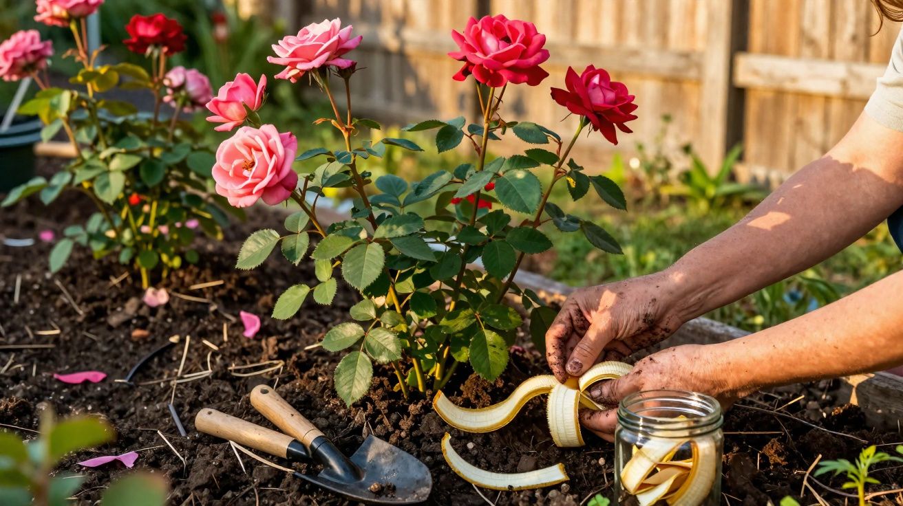 Pessoa descascando banana para fertilizar plantas de rosas em jardim ensolarado.