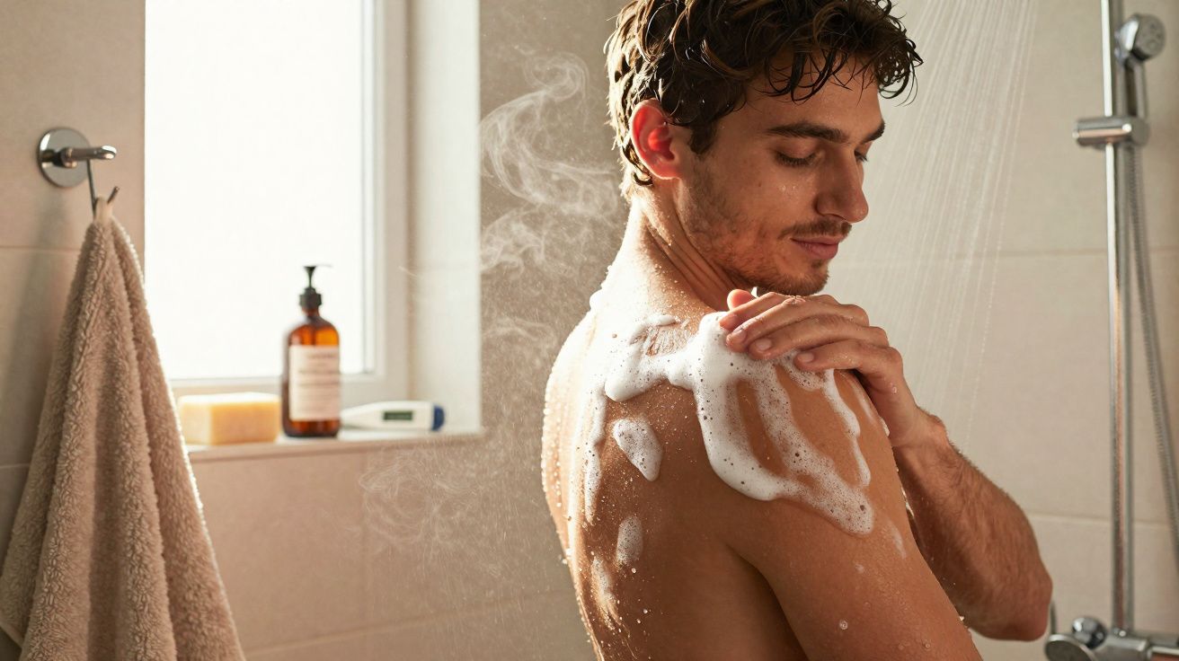 Homem aplicando espuma de sabonete no ombro enquanto toma banho em chuveiro moderno.