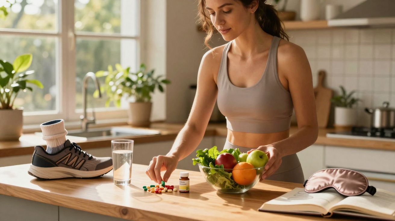 Mulher em roupas esportivas pega cápsulas na cozinha com frutas, água, tênis e máscara de dormir na mesa.