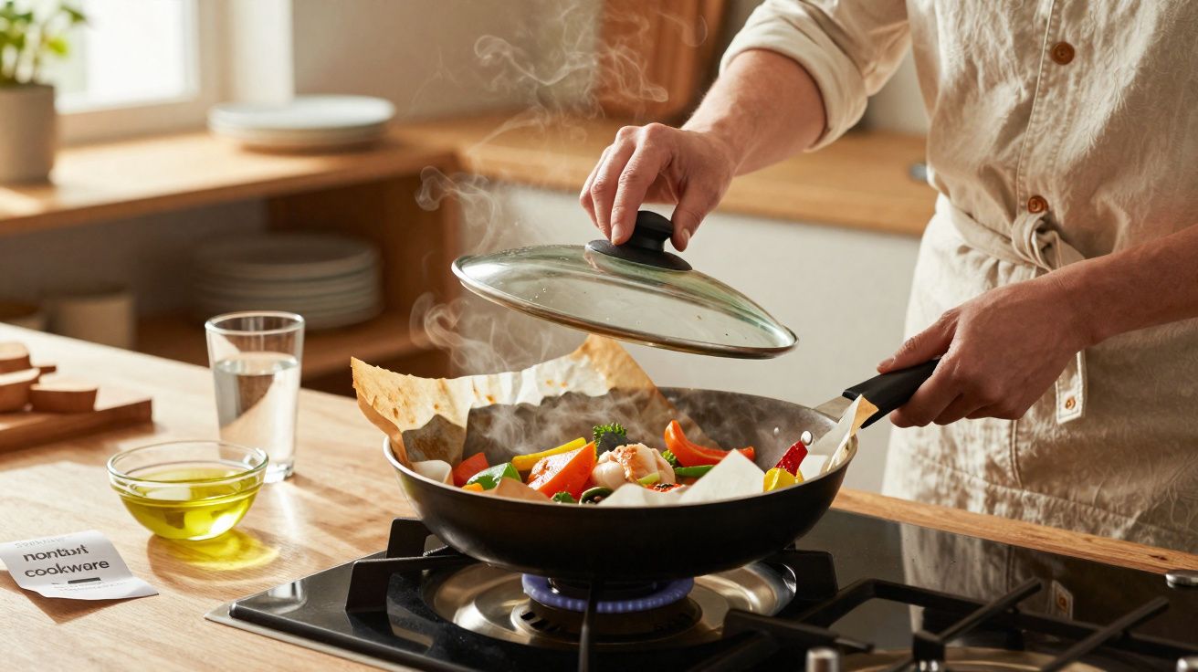 Pessoa abrindo a tampa de uma frigideira com legumes coloridos cozinhando em fogo no fogão.