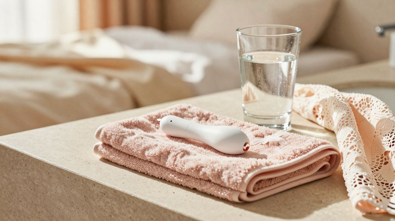Toalha rosa dobrada com massageador branco e copo de água sobre bancada clara.
