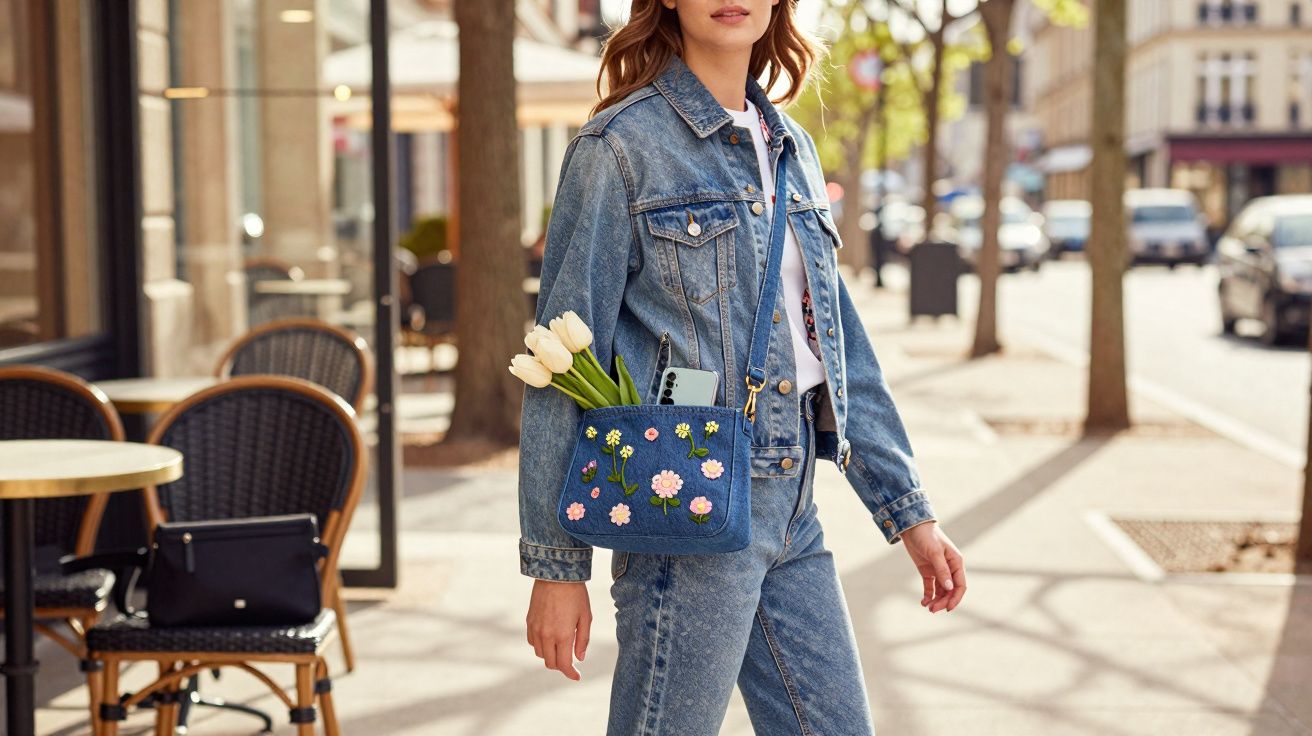 Mulher vestindo jaqueta jeans com bolsa azul bordada e flores brancas caminhando em calçada urbana.